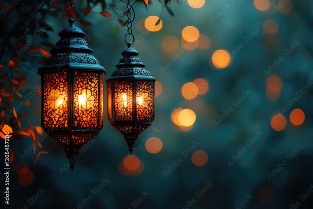 Illuminated Moroccan Lanterns Hanging Among Twinkling Lights Illuminated Moroccan Lanterns Hanging Among Twinkling Lights