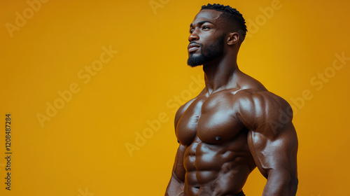A highly defined bodybuilder with an impressive physique stands tall, showcasing his muscles and confidence.