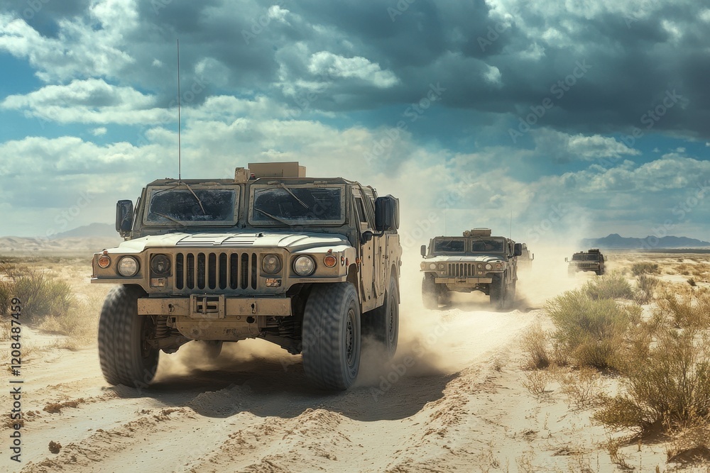 Military convoy traverses arid desert terrain during Operation Desert Storm with high-quality armored vehicles driving through sand Military convoy traverses arid desert terrain during Operation Desert Storm with high-quality armored vehicles driving through sand