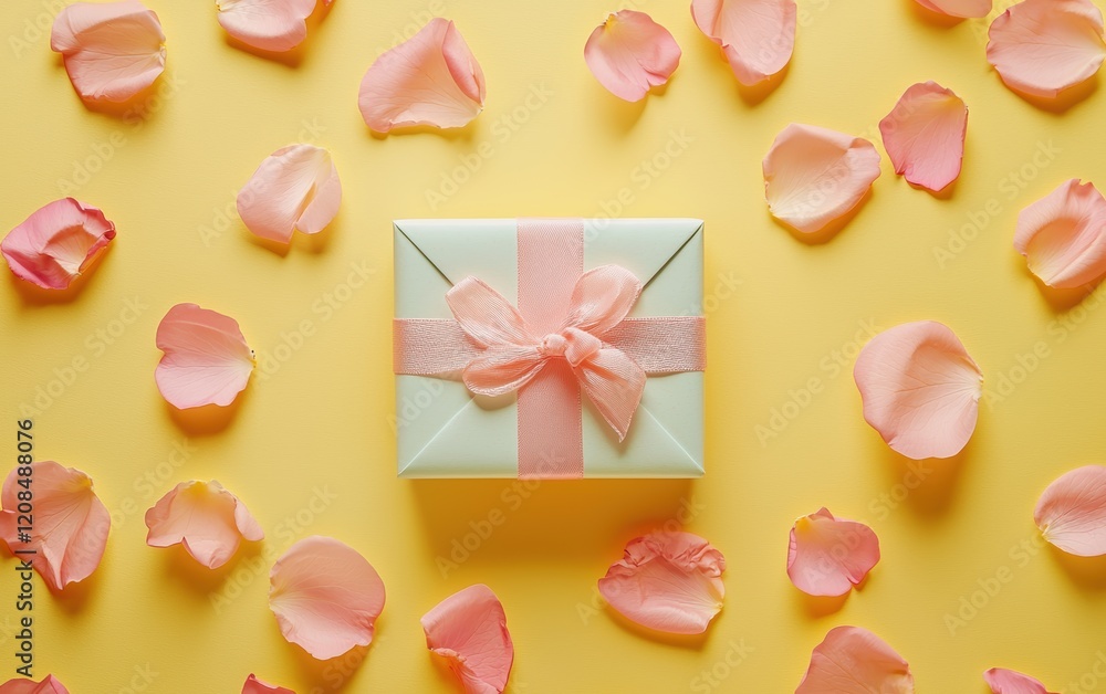 A mockup of a festive gift box surrounded by petals on a pastel yellow background for valentines day and 8 march A mockup of a festive gift box surrounded by petals on a pastel yellow background for valentines day and 8 march