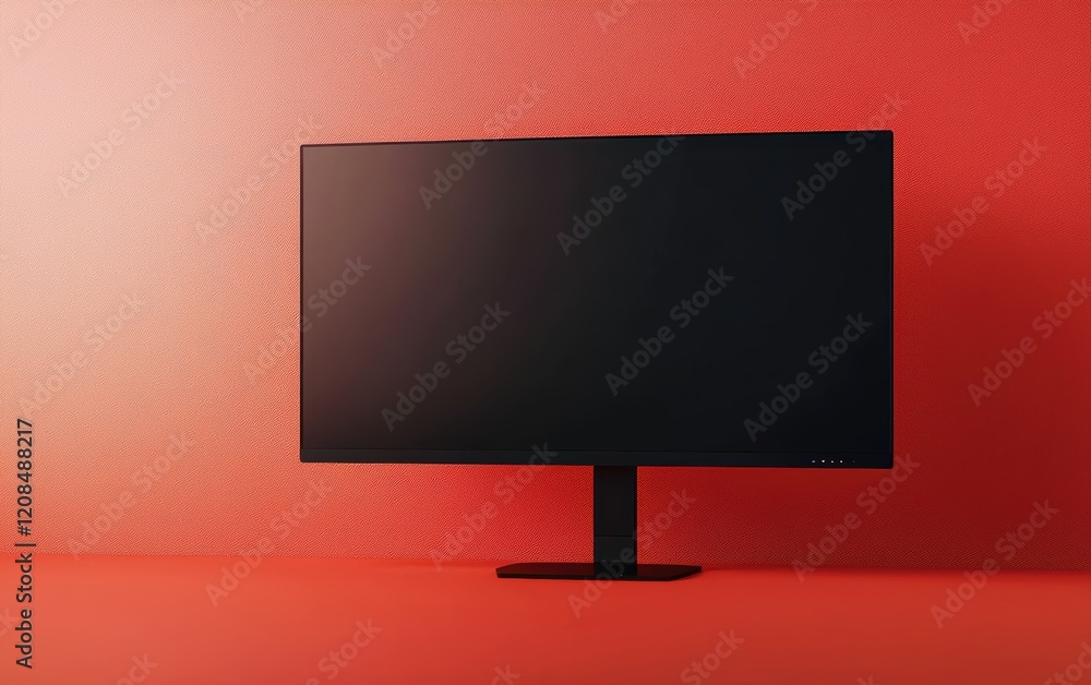 A mockup of a frameless modern monitor on a bright coral matte background A mockup of a frameless modern monitor on a bright coral matte background