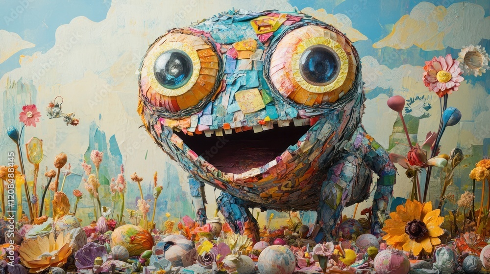 Fototapeta premium Vibrant and whimsical painting depicting a colorful quirky monster like creature with large expressive eyes and a happy smile set against a backdrop of a lush