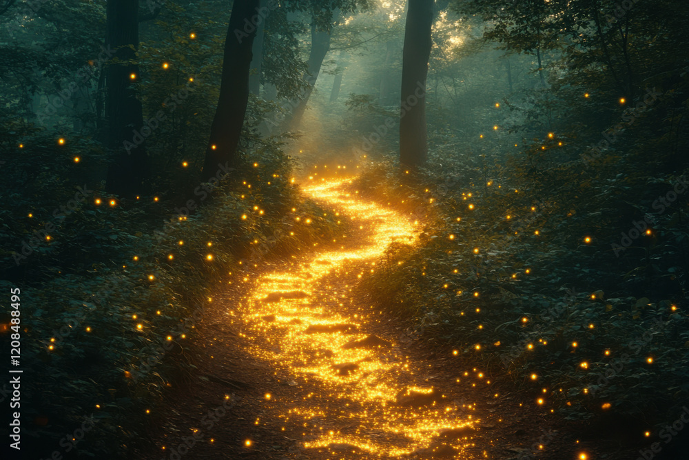 Obraz premium A luminous trail winds through a mystical forest, illuminating the path with golden light as dusk settles, creating an enchanting atmosphere filled with magic.