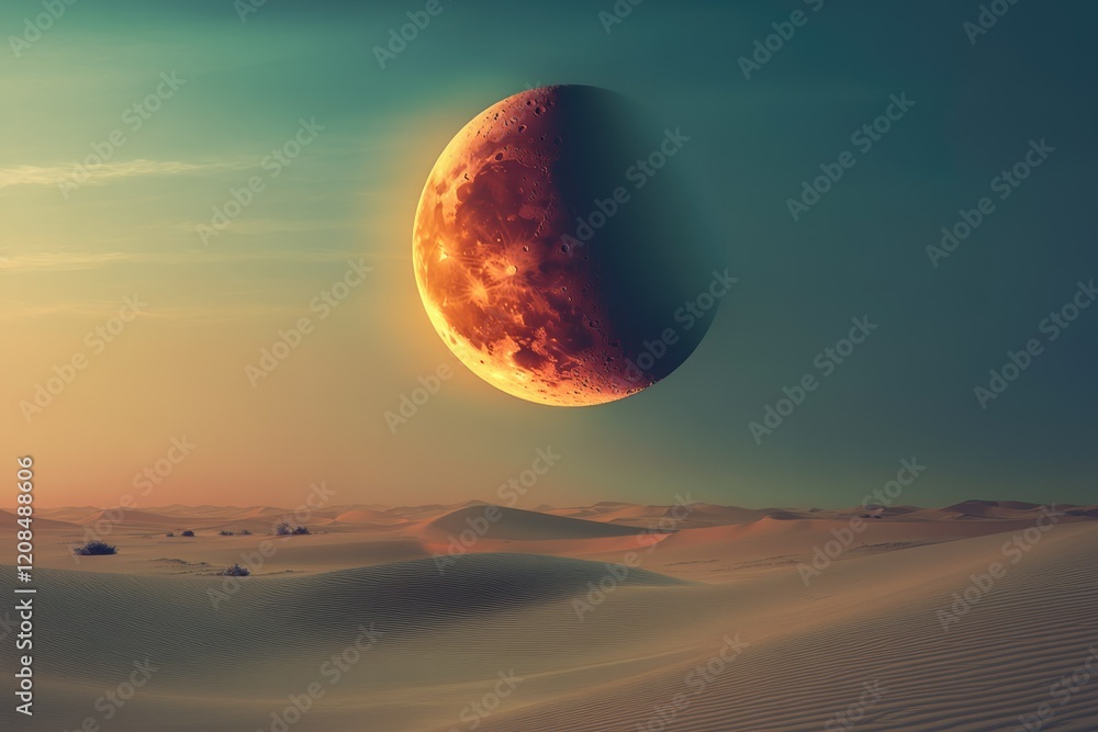 A half-illuminated celestial body looms over a vast, textured desert landscape under a muted sky. A half-illuminated celestial body looms over a vast, textured desert landscape under a muted sky.