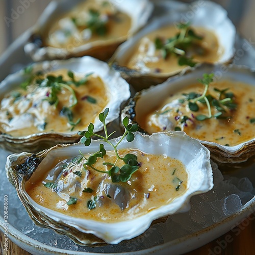 Poached oysters served with a luxurious saffron cream sauce and microgreens photo