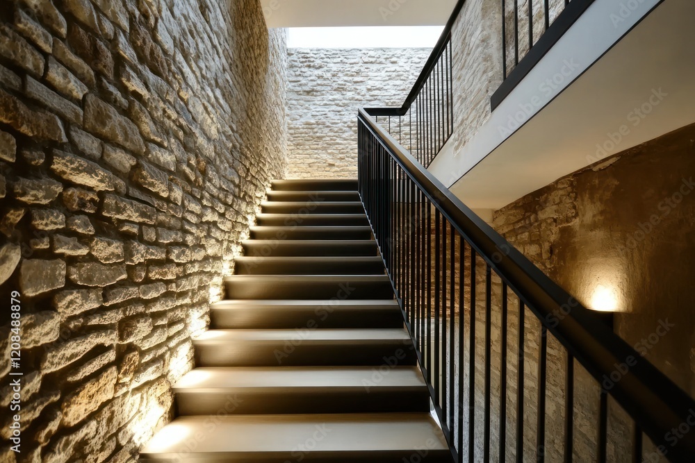 Fototapeta premium Modern stone staircase interior, lit, house, architectural detail, background wall