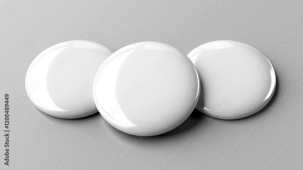 Three blank white buttons on grey background, mockup Three blank white buttons on grey background, mockup