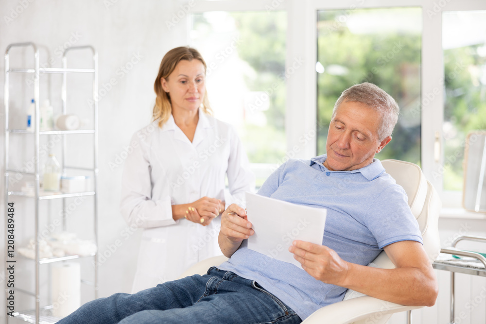Obraz premium Elderly male patient signing informed consent form while lying on couch during medical consultation with female doctor. Compliance with legal requirements when receiving personalized medical care