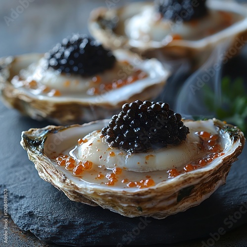 Lightly smoked oysters topped with a dollop of black caviar photo