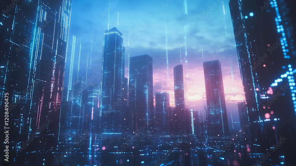 Fototapeta premium Smart digital Innovation city with connection network reciprocity over the cityscape. of future smart wireless digital city and social media networking systems that connects people with in city