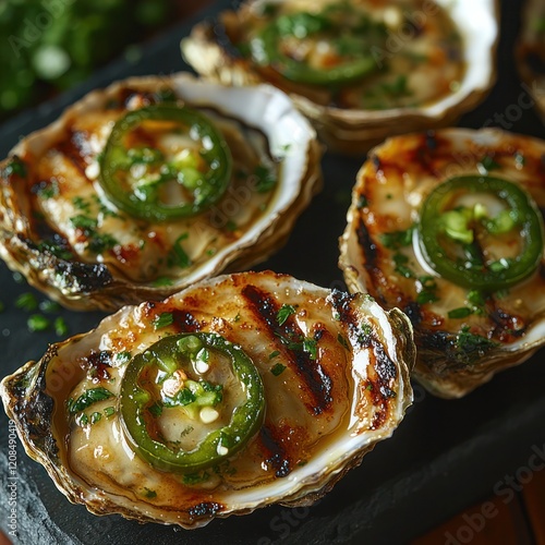 Chargrilled oysters topped with a spicy jalapeño butter sauce photo