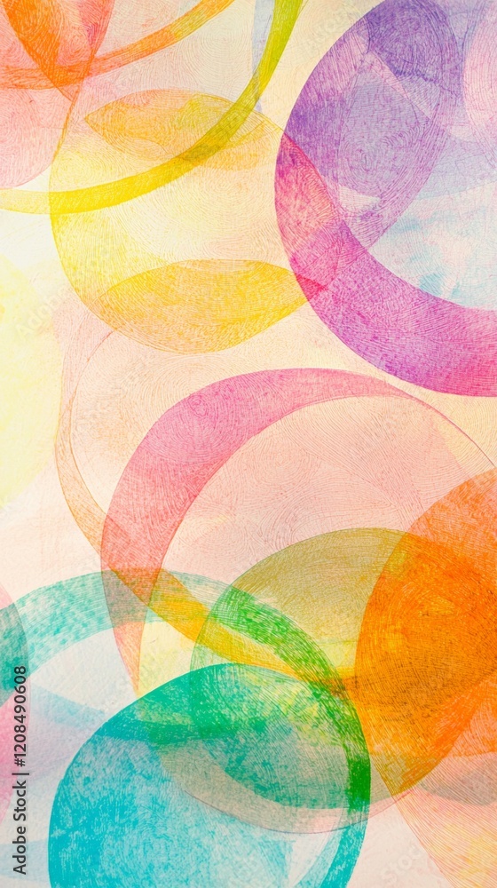 Fototapeta premium Intertwined and overlapping watercolor circles in various vibrant hues create a visually captivating abstract composition, forming an artistic and textured background
