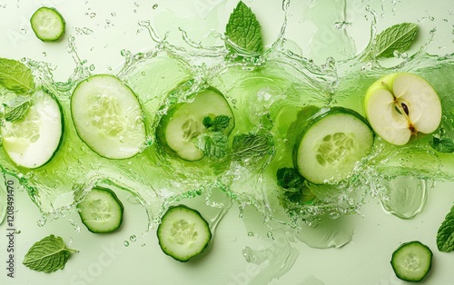 A luscious green wave of juice with floating apples, mint leaves, and cucumber slices, splashing gently on a pastel cream surface photo