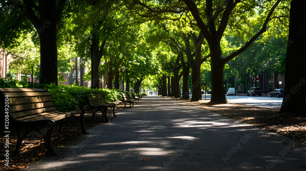 A quiet street with empty, well-worn benches lining the sidewalk, shaded by tall trees. Empty street with benches and tall trees. A quiet street with empty, well-worn benches lining the sidewalk, shaded by tall trees. Empty street with benches and tall trees.