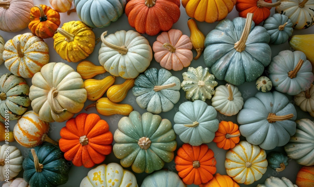 top view of a diverse, minimalist assortment of pumpkins, squash and gourds, all painted in soft pastel colours top view of a diverse, minimalist assortment of pumpkins, squash and gourds, all painted in soft pastel colours