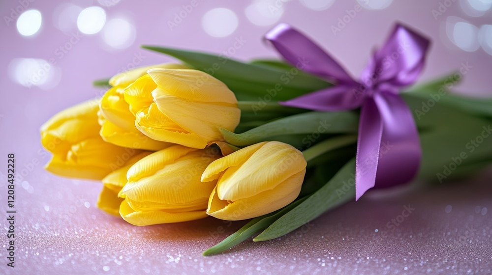 Obraz premium Bouquet of Yellow Tulips with Purple Ribbon, Pink Bokeh Background, Spring Floral Theme