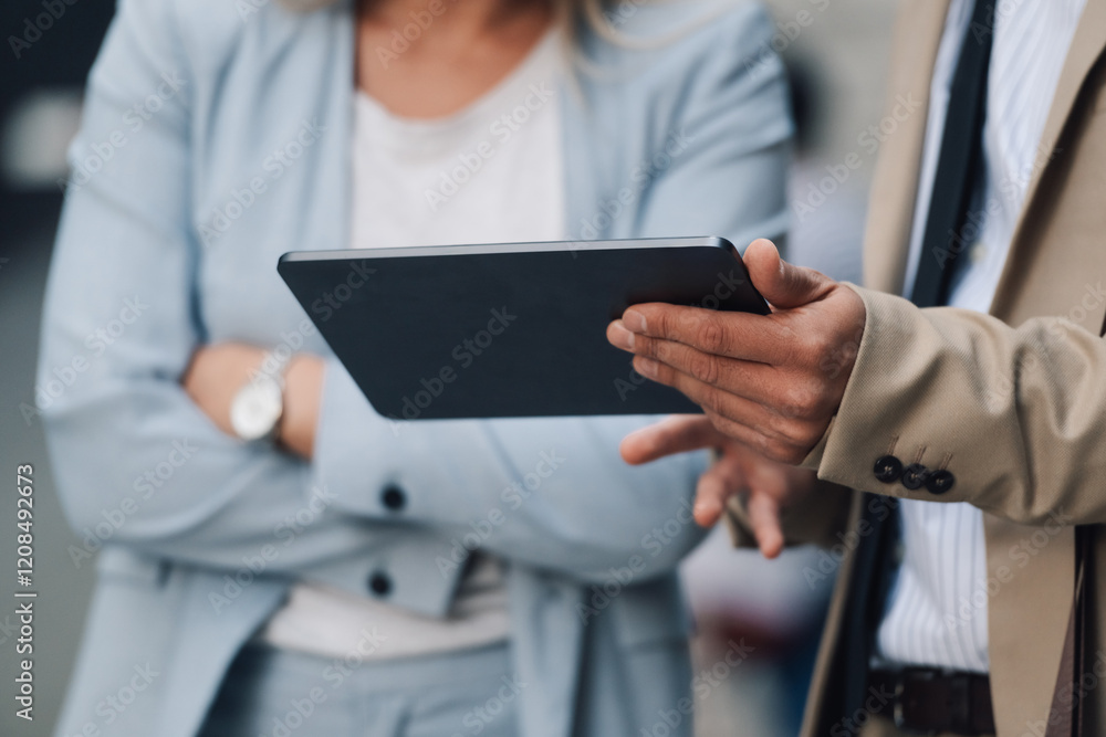 Businessman holding tablet with businesswoman in background Businessman holding tablet with businesswoman in background