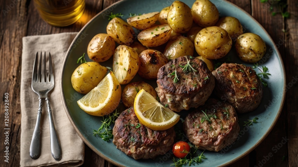 Juicy Greek Baked Bifteki with Lemon Potatoes on Rustic Plate Juicy Greek Baked Bifteki with Lemon Potatoes on Rustic Plate