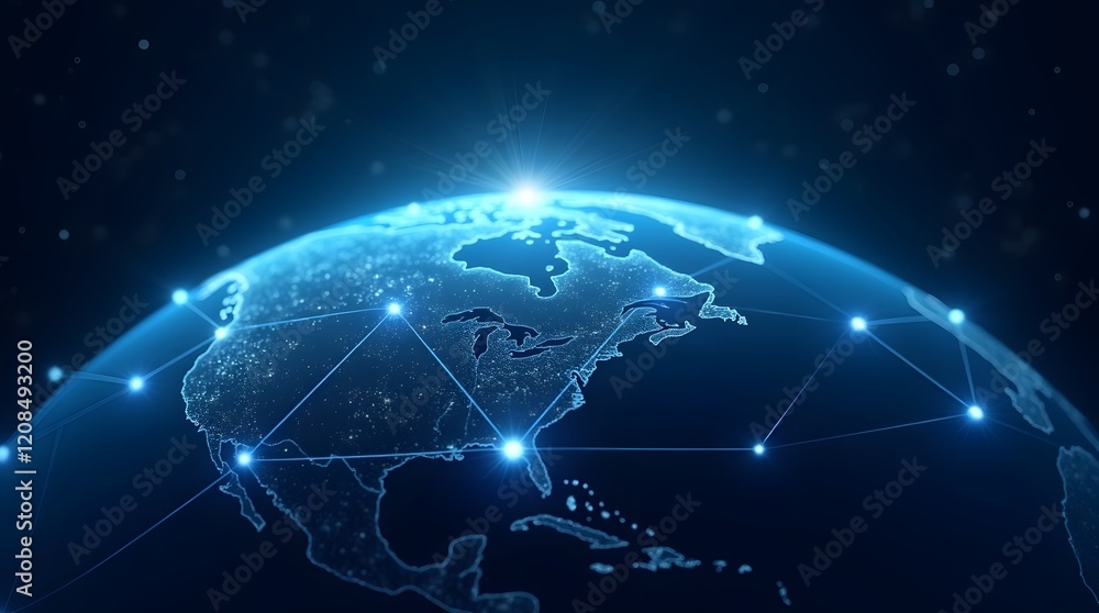 Fototapeta premium Global digital network connectivity showcasing a futuristic web of interconnected nodes around the Earth.