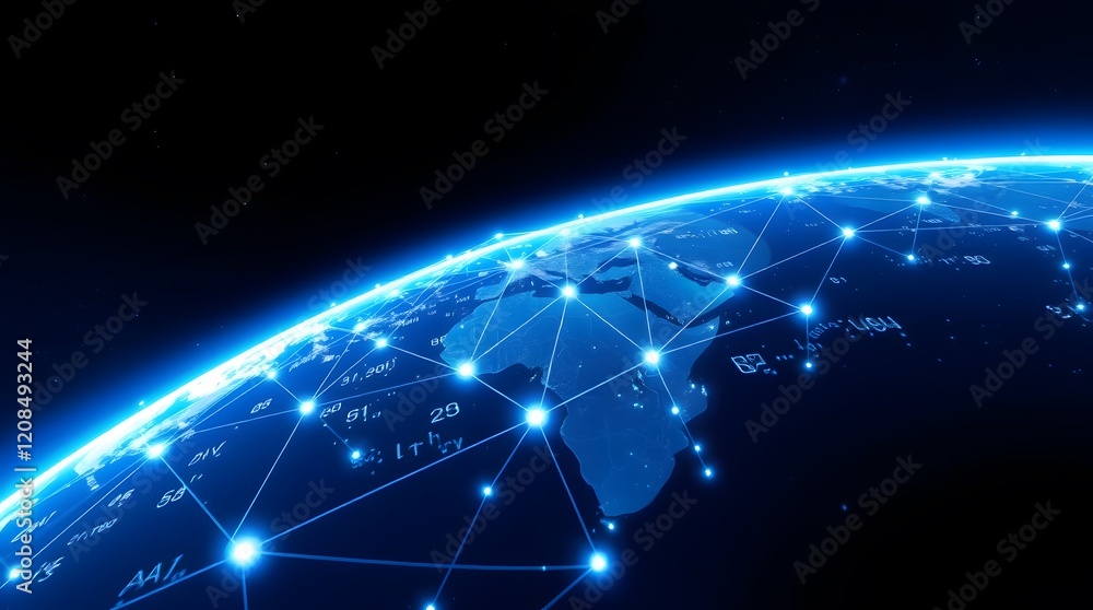 Global digital network connectivity showcasing a futuristic web of interconnected nodes around the Earth. Global digital network connectivity showcasing a futuristic web of interconnected nodes around the Earth.