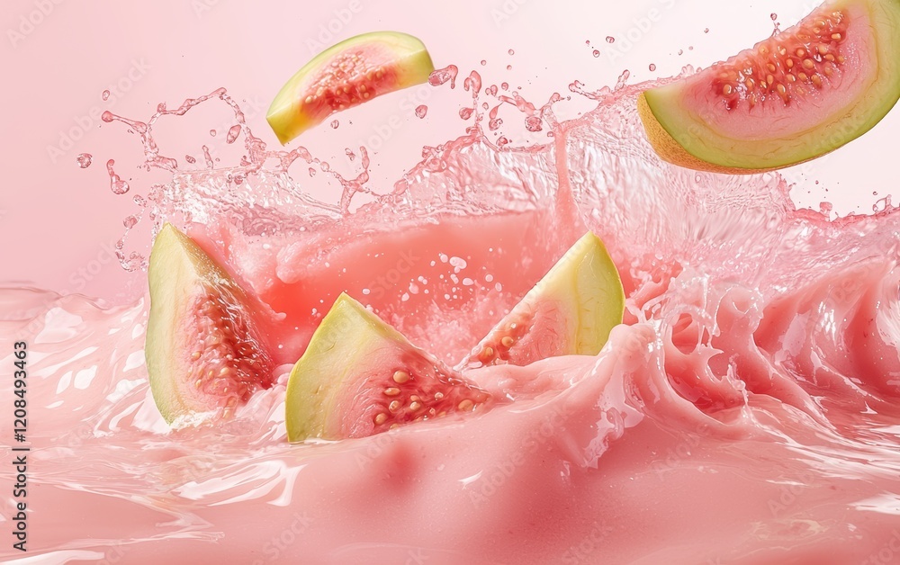 Fototapeta premium A refreshing pink wave of guava juice with thick pulp and flying guava slices, creating lively splashes on a pastel pink background