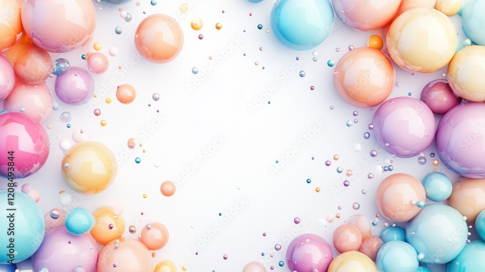 Pastel spheres frame, white background, confetti, ad template Pastel spheres frame, white background, confetti, ad template