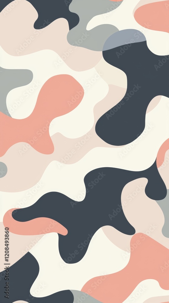 Smooth, rounded shapes in a palette of pink, grey, and dark blue create a unique camouflage pattern, offering a stylish and contemporary take on a classic design Smooth, rounded shapes in a palette of pink, grey, and dark blue create a unique camouflage pattern, offering a stylish and contemporary take on a classic design
