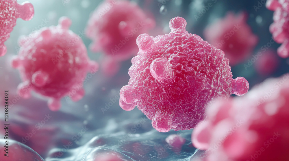 Obraz premium A highly detailed microscopic view of streptococcus cells in vibrant pink hues, emphasizing microbiology and science visuals