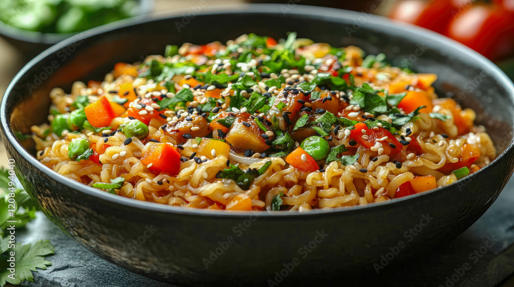 Bowl of vegan stir-fried yakisoba noodles with colorful vegetables and garnishes, showcasing vibrant and healthy ingredients Bowl of vegan stir-fried yakisoba noodles with colorful vegetables and garnishes, showcasing vibrant and healthy ingredients