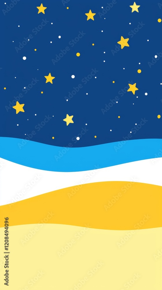 Naklejka premium Abstract landscape painting featuring a dark blue night sky filled with yellow stars and white spots above rolling yellow hills separated by blue and white stripes