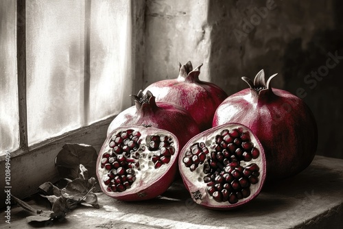 Three pomegranates, one halved, showcasing vibrant red arils, rest on a rustic wooden surface near a window. photo