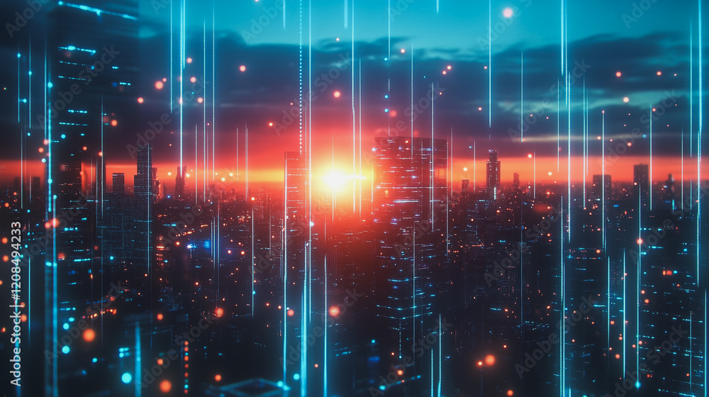 Obraz premium Smart digital Innovation city with connection network reciprocity over the cityscape. of future smart wireless digital city and social media networking systems that connects people with in city