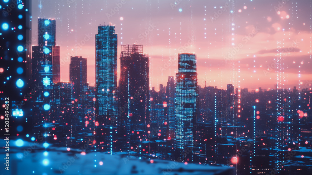 Fototapeta premium Smart digital Innovation city with connection network reciprocity over the cityscape. of future smart wireless digital city and social media networking systems that connects people with in city