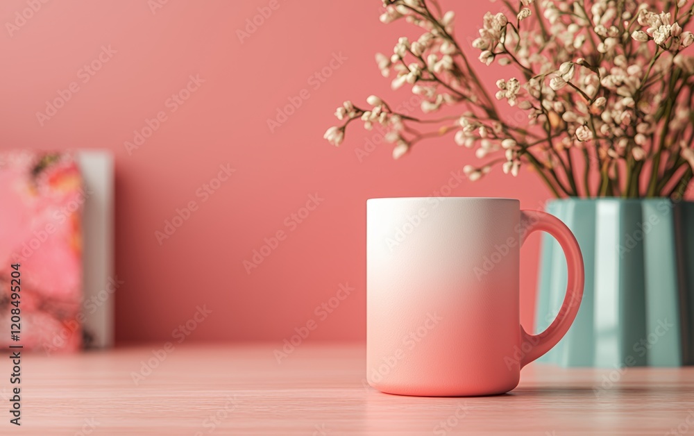A mockup of a mug with an inspirational quote placed on a coral matte surface A mockup of a mug with an inspirational quote placed on a coral matte surface