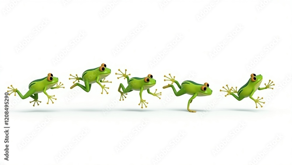 Naklejka premium Five Green Frogs Leap Across White Background