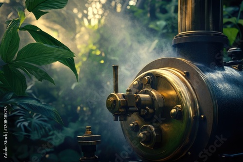 A vintage steam engine, gleaming brass and dark metal, steams amidst lush tropical foliage, evocative of a bygone era. photo