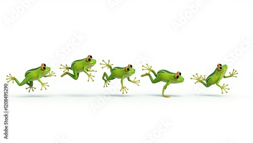 Five Green Frogs Leap Across White Background photo