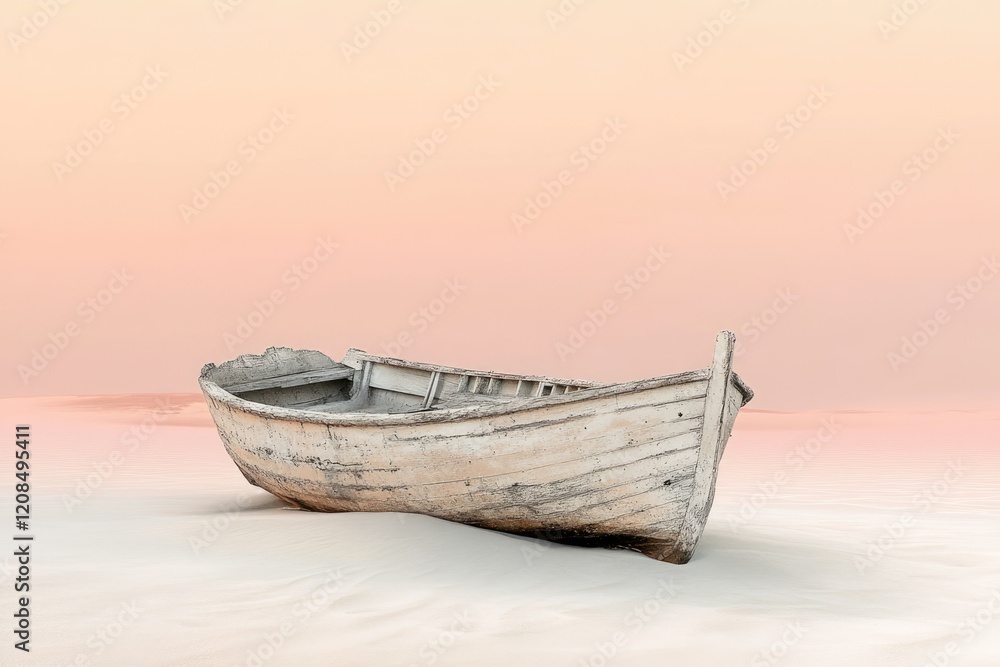 A weathered wooden boat rests on a pristine, pink-hued sandy beach under a soft sunset. A weathered wooden boat rests on a pristine, pink-hued sandy beach under a soft sunset.