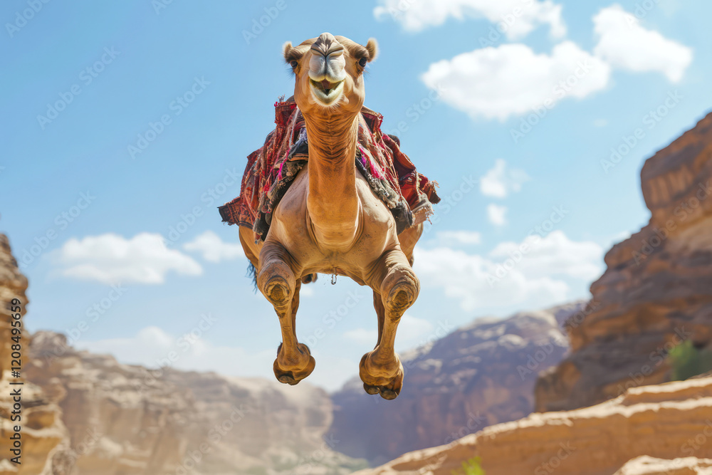 Naklejka premium Dynamic Jumping Camel in a Sunny Desert Landscape