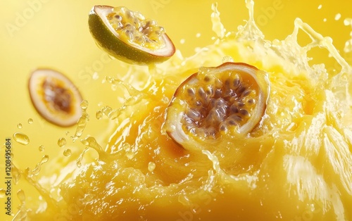 A tropical yellow wave of passion fruit juice with thick pulp and flying passion fruit halves, splashing on a vibrant pastel yellow backdrop photo