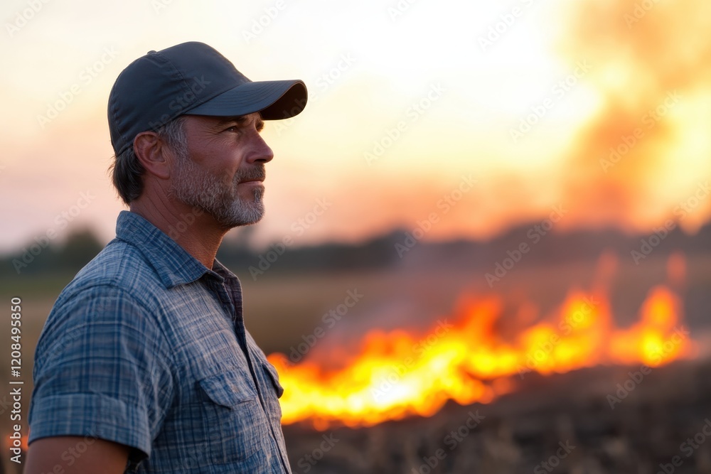 A contemplative man observes a field fire at sunset, highlighting the interplay between nature and human activity in the agricultural landscape of the countryside. A contemplative man observes a field fire at sunset, highlighting the interplay between nature and human activity in the agricultural landscape of the countryside.