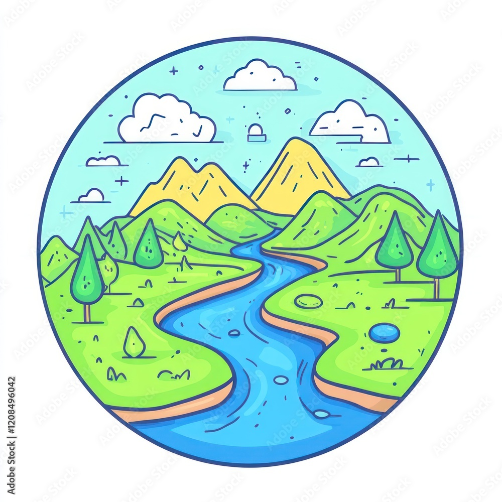 Naklejka premium Serene River Winding Through Verdant Mountains And Lush Fields