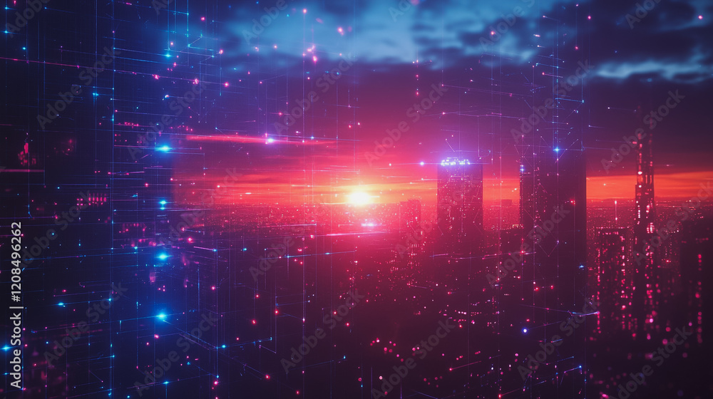 Obraz premium Smart digital Innovation city with connection network reciprocity over the cityscape. of future smart wireless digital city and social media networking systems that connects people with in city