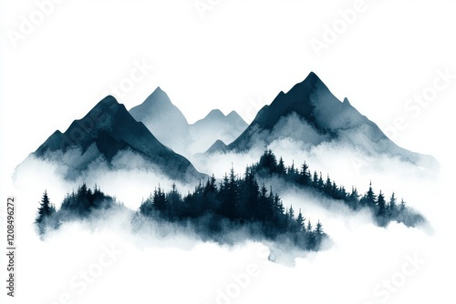 Wallpaper Mural Watercolor foggy mountains, individual hills and trees, a wild nature scene with a forest, and a mountain range with towering peaks against the blue sky Torontodigital.ca