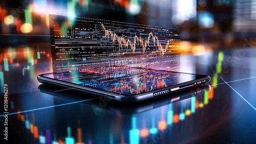 Dynamic stock market data visualization over smartphone screen in urban setting at night