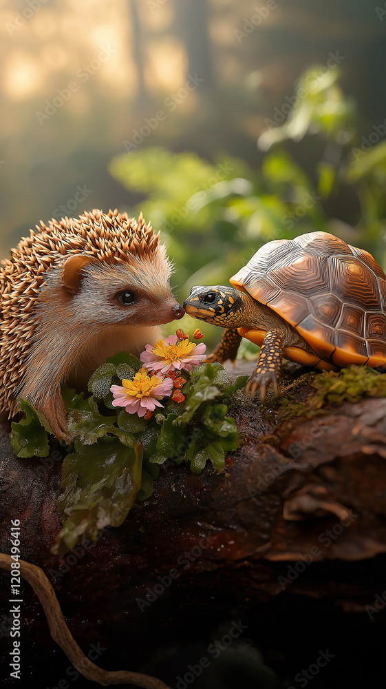 Obraz premium A hedgehog and a turtle are eating flowers together