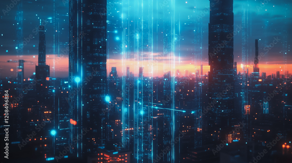 Obraz premium Smart digital Innovation city with connection network reciprocity over the cityscape. of future smart wireless digital city and social media networking systems that connects people with in city