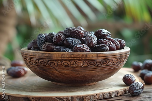 A Wooden Bowl Filled With Dark Dates photo