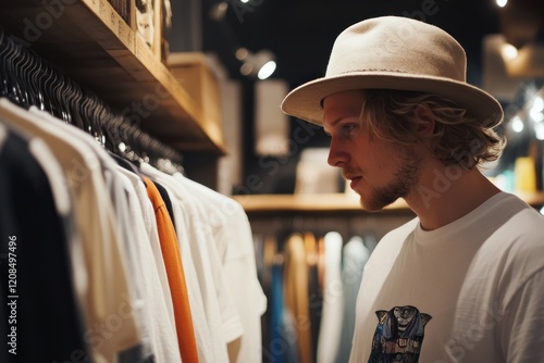 young caucasian man with hat browsing clothing store, examining shirts on rack. casual urban shopping scene. fashion exploration, style selection concept. retail promotion. photo