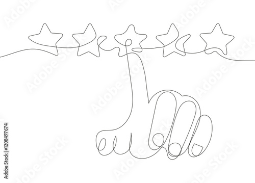 Continuous line vector illustration depicting five stars and a human hand clicking on the stars, symbolizing a product rating and review.
